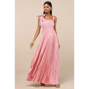 Lulus Gorgeous Purpose Pink Satin Pleated Sleeveless Bow Maxi Dress - Size L